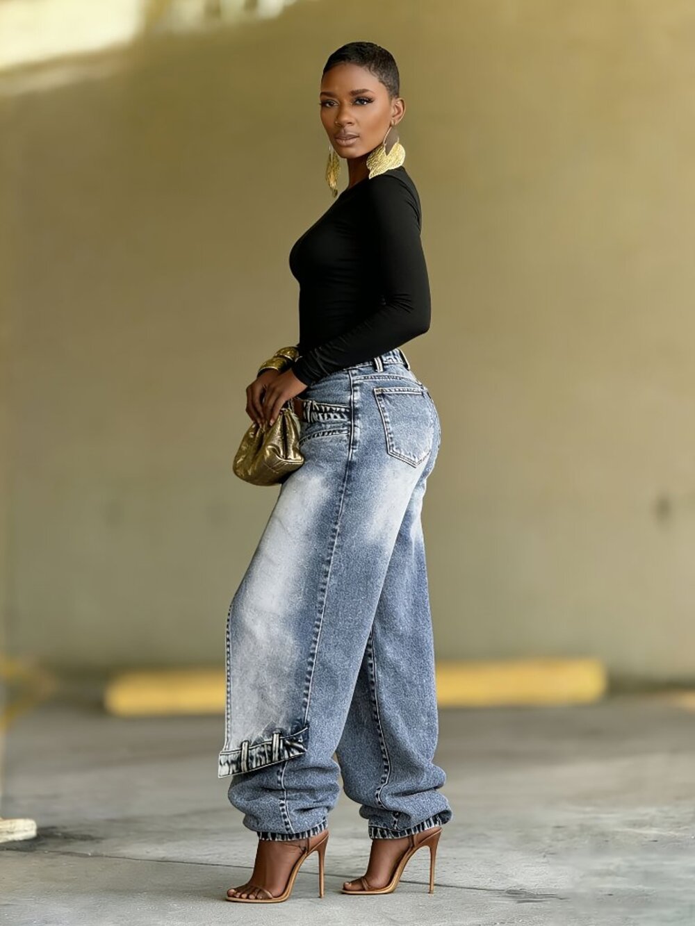Asymmetrical High Rise Wide Leg Baggy Jeans Washed Denim - Picture 4 of 7